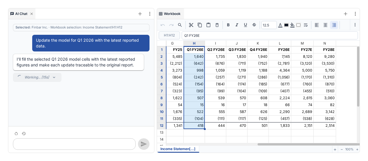 AI Chat and Workbook tabs side by side, with the chat context showing the selected workbook range.
