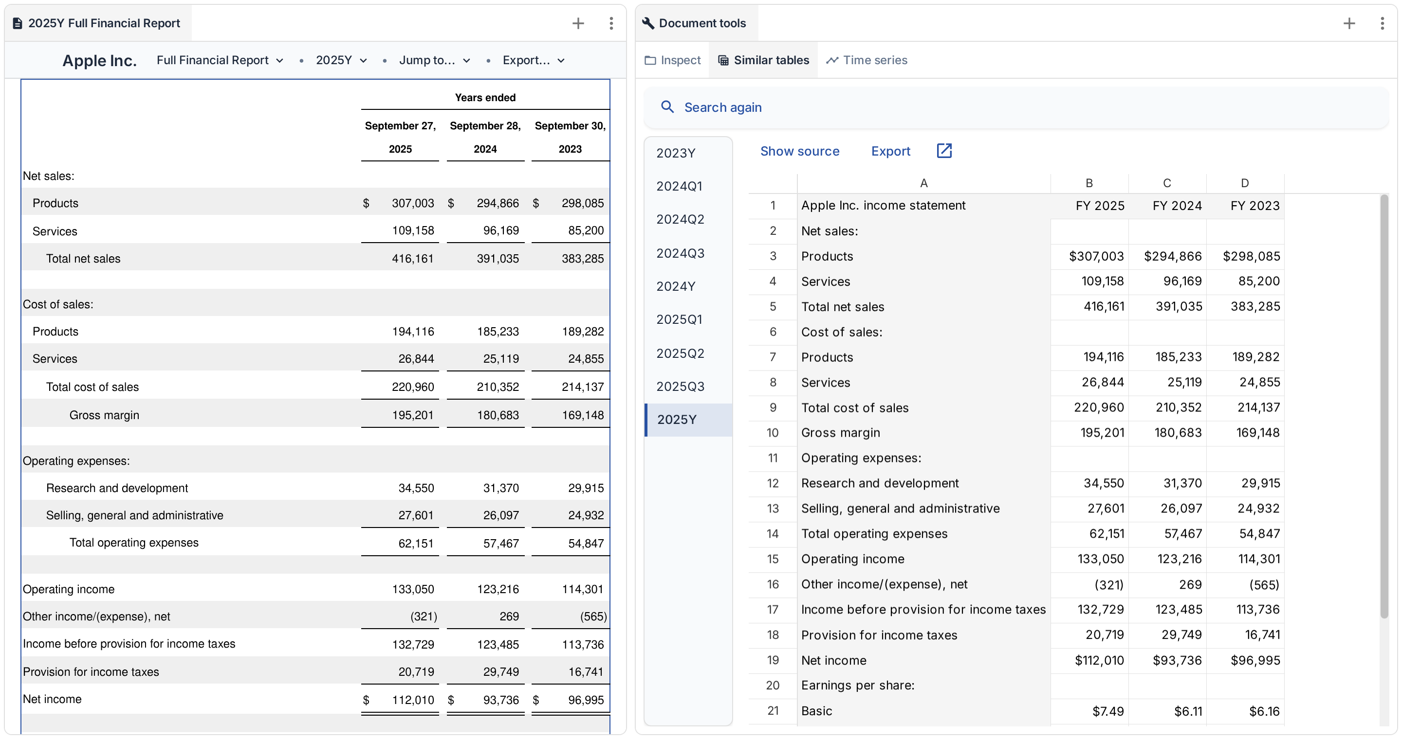 Similar income statement tables for Apple annual and quarterly filings from FY2023 to FY2025.