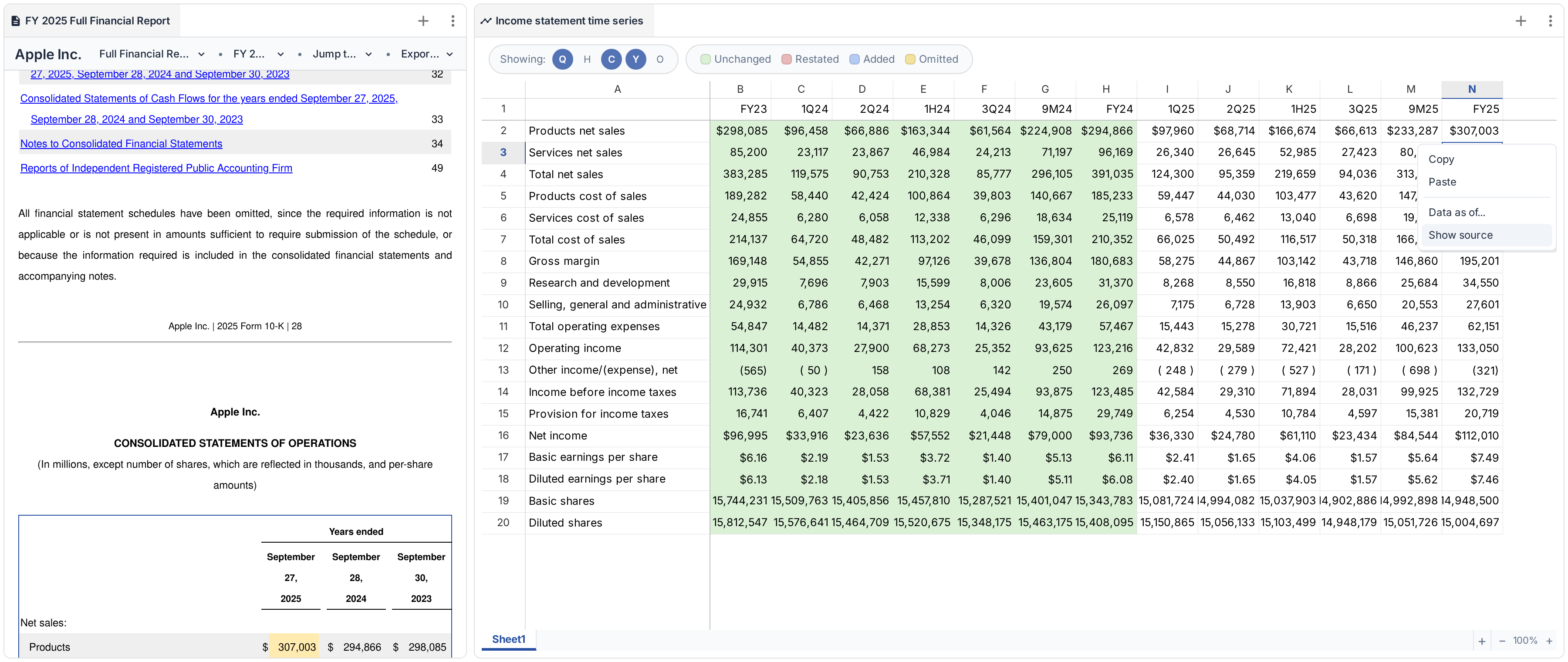 Apple source filing displayed beside a generated income statement time series with the Show source context menu open.