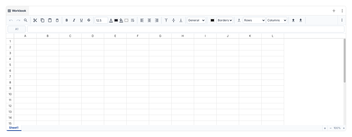 Blank workbook tab showing the workspace tab header, spreadsheet toolbar, formula bar, and empty grid.
