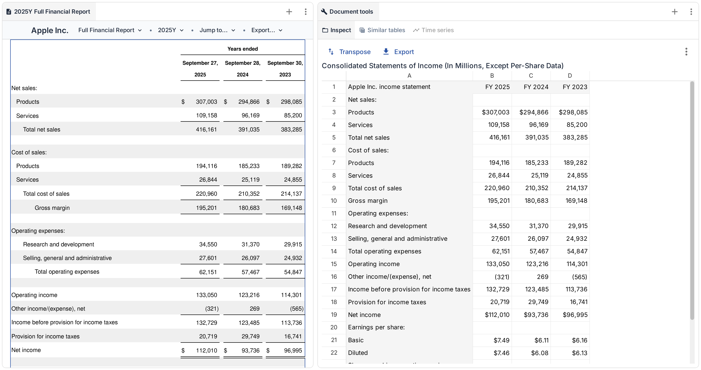 Apple FY2025 consolidated income statement rendered in the table inspection view.