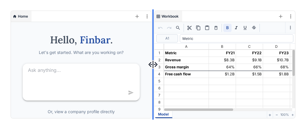 Workspace split view with the resize handle visible between Home and Workbook panels.